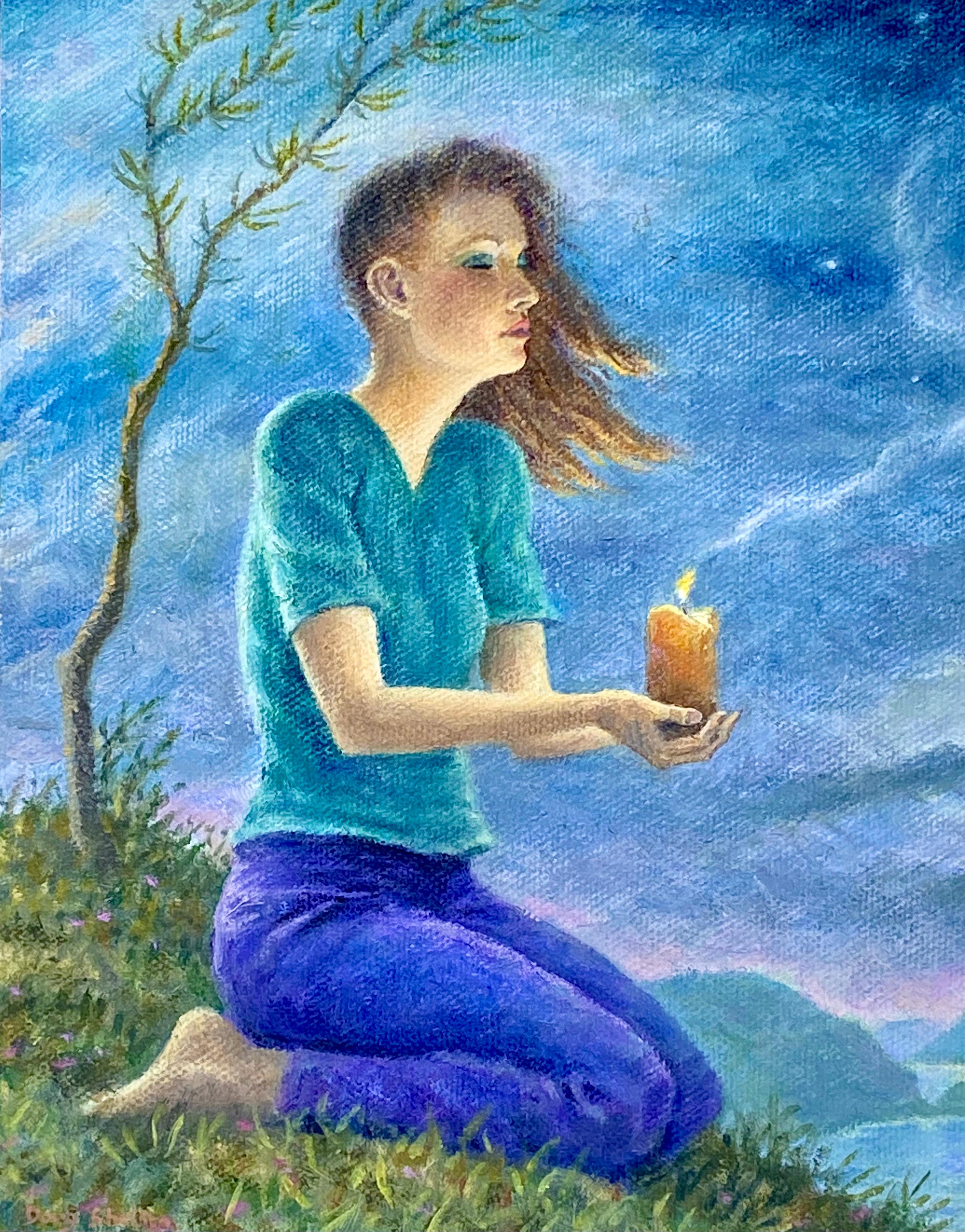 A woman sits on her knees on a hill near a body of water. She wears a teal shirt and purple pants. Her hair blows gently in the breeze. She is holding a small candle, and a thin tree stands behind her. Night is falling in the background as the moon