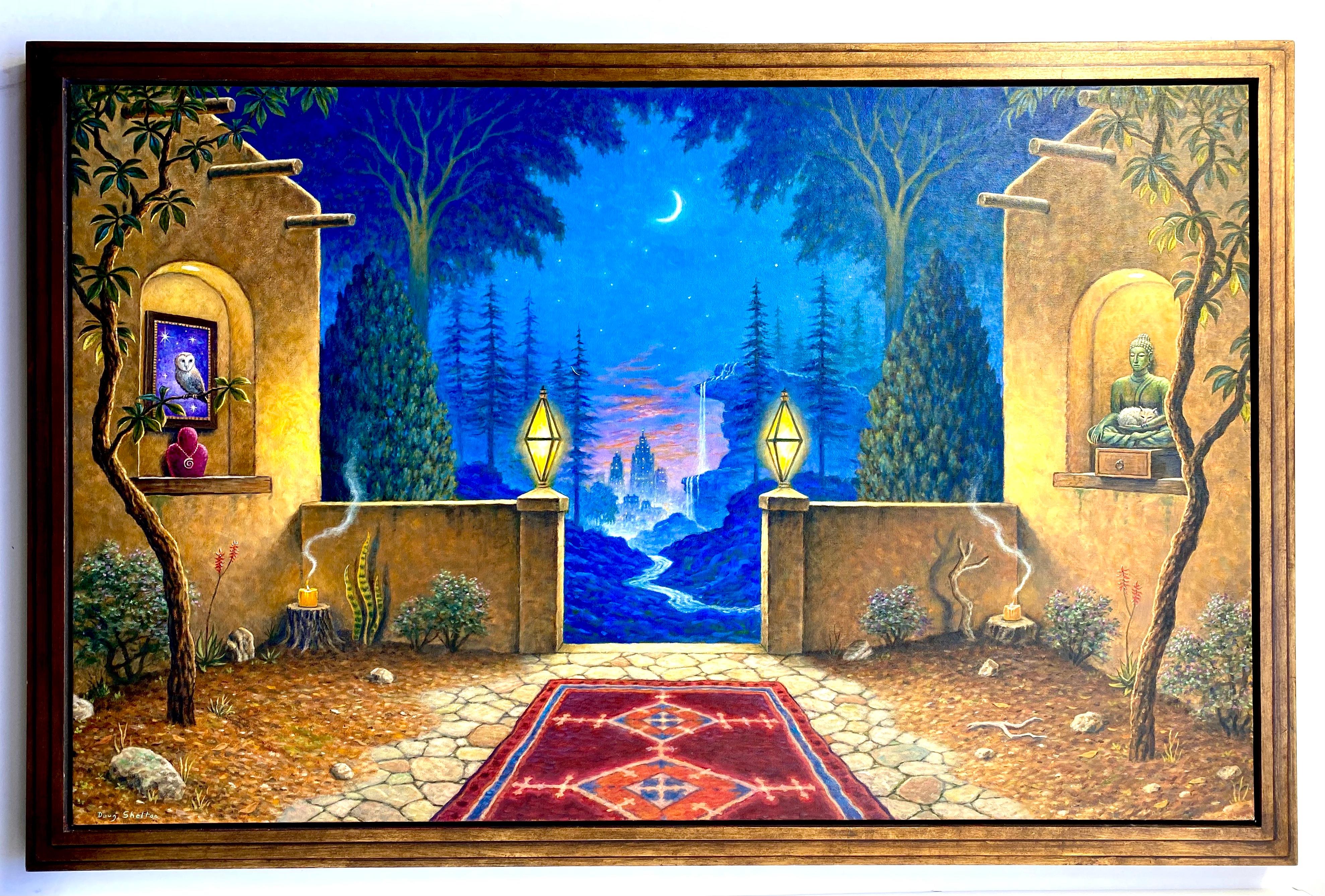 The patio of a home glows gold under the moonlight. The architecture and adornments of the building feel fantasy-esque. The background is a large forest, painted in a vivid blue, revealing the silhouette of a distant city in the distance. A red rug