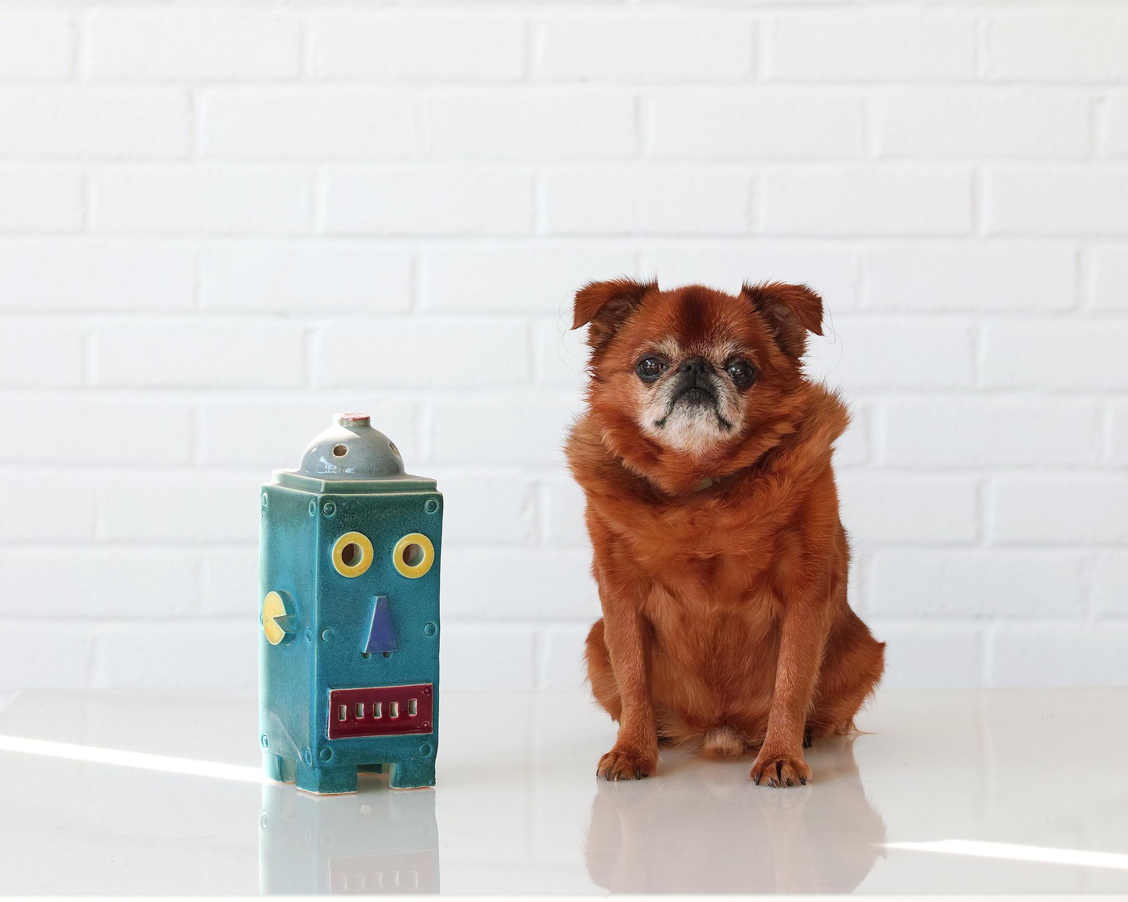 For your consideration is this whimsical ceramic robot sculpture night light by Michigan based artist, Doug Spalding. It features handmade construction, fun, vibrant colors, and is signed by the artist on the bottom. It has the original candelabra