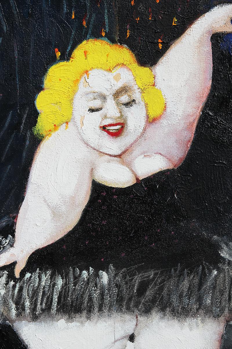 Quadro astratto surreale dell'artista contemporaneo Doug Whitfield. L'opera presenta vari artisti danzanti affiancati da un elefante e da una figura centrale simile a una sfinge. Firmato dall'artista nell'angolo inferiore anteriore destro.