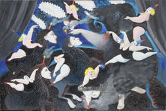 Großes surreales Gemälde ""Circus Dreams" von tanzenden Tänzern in Schwarz und Blau