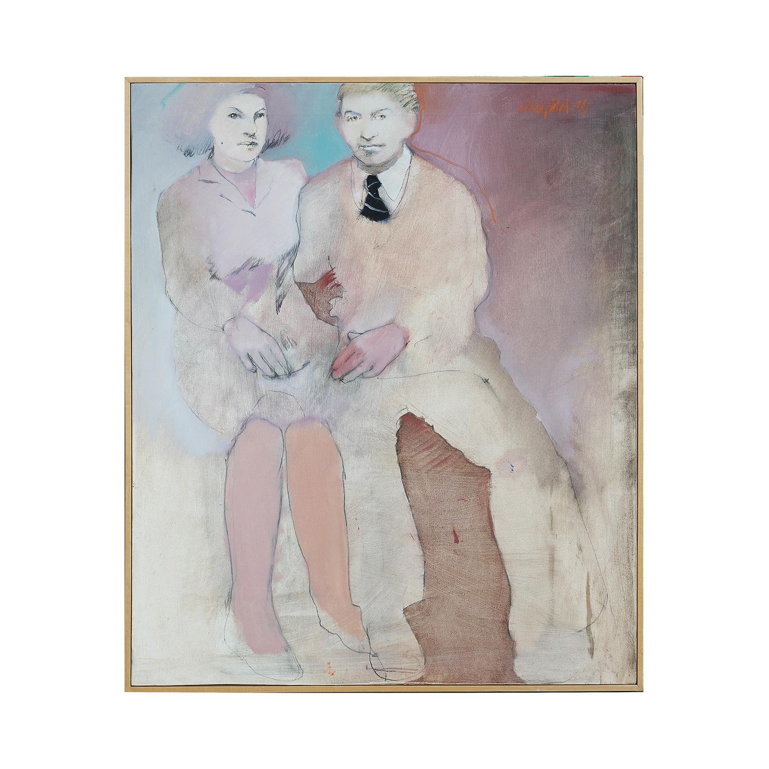 Modern Pastel Pink and Blue Figurative Portrait of a Seated Couple  - Painting by Doug Whitfield