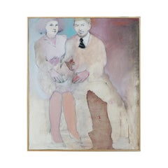 Modern Pastel Pink and Blue Figurative Portrait of a Seated Couple