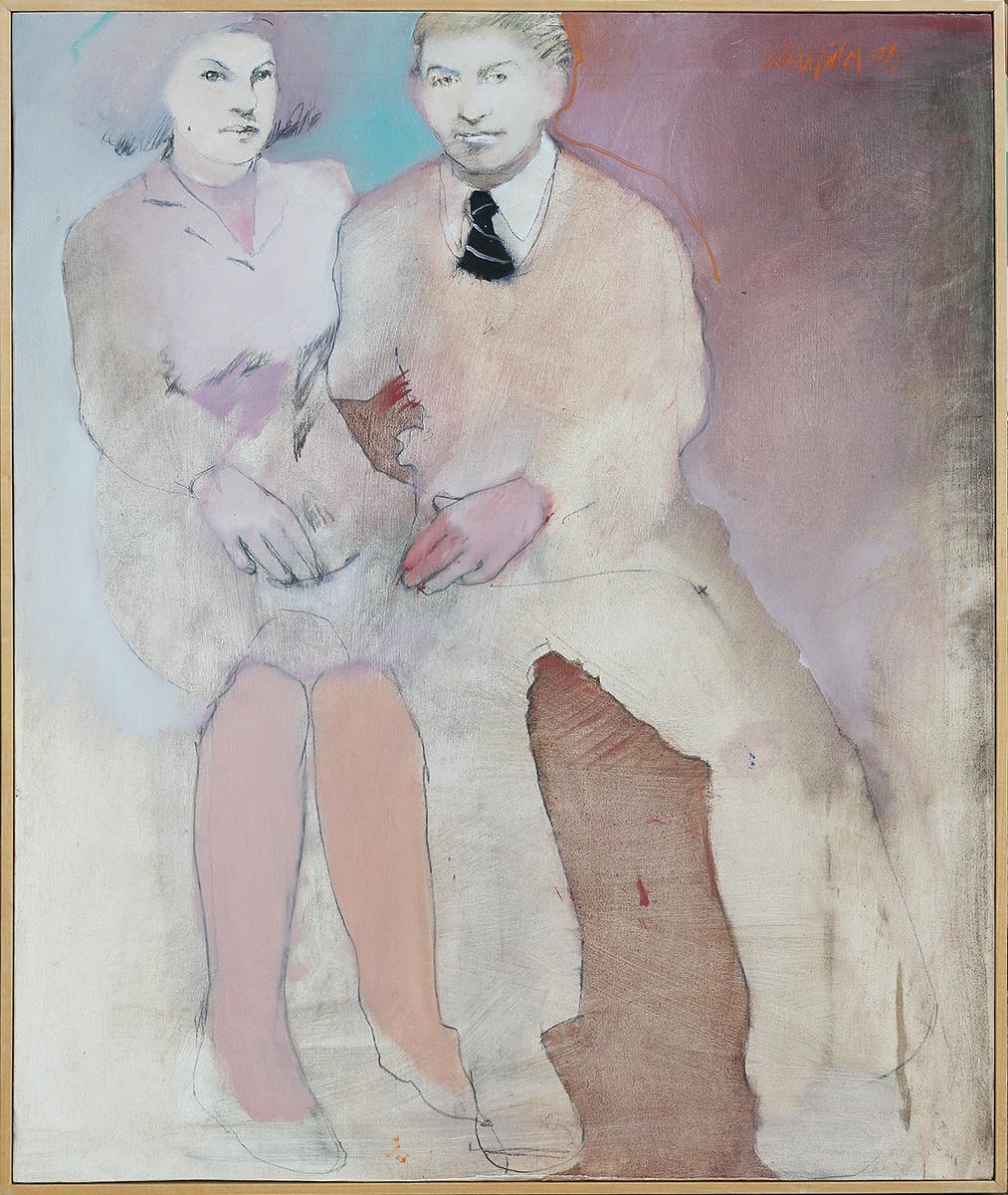 Doug Whitfield Figurative Painting - Modern Pastel Pink and Blue Figurative Portrait of a Seated Couple 