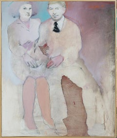 Modern Pastel Pink and Blue Figurative Portrait of a Seated Couple 