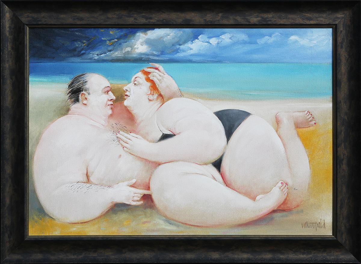 Doug Whitfield Figurative Painting - "S. On The Beach" Modern Figurative Intimate Portrait of a Voluptuous Couple
