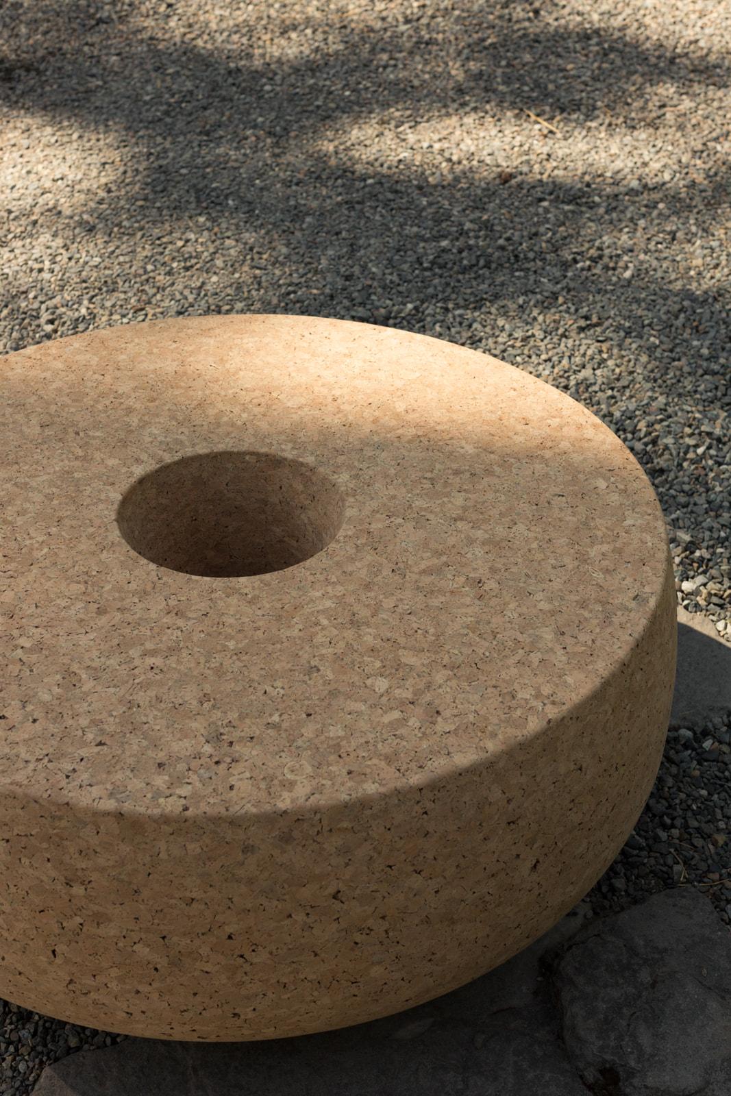 Doughnut Solid Cork Contemporary Sculptural Carved Coffee Table Bench Natural For Sale 3