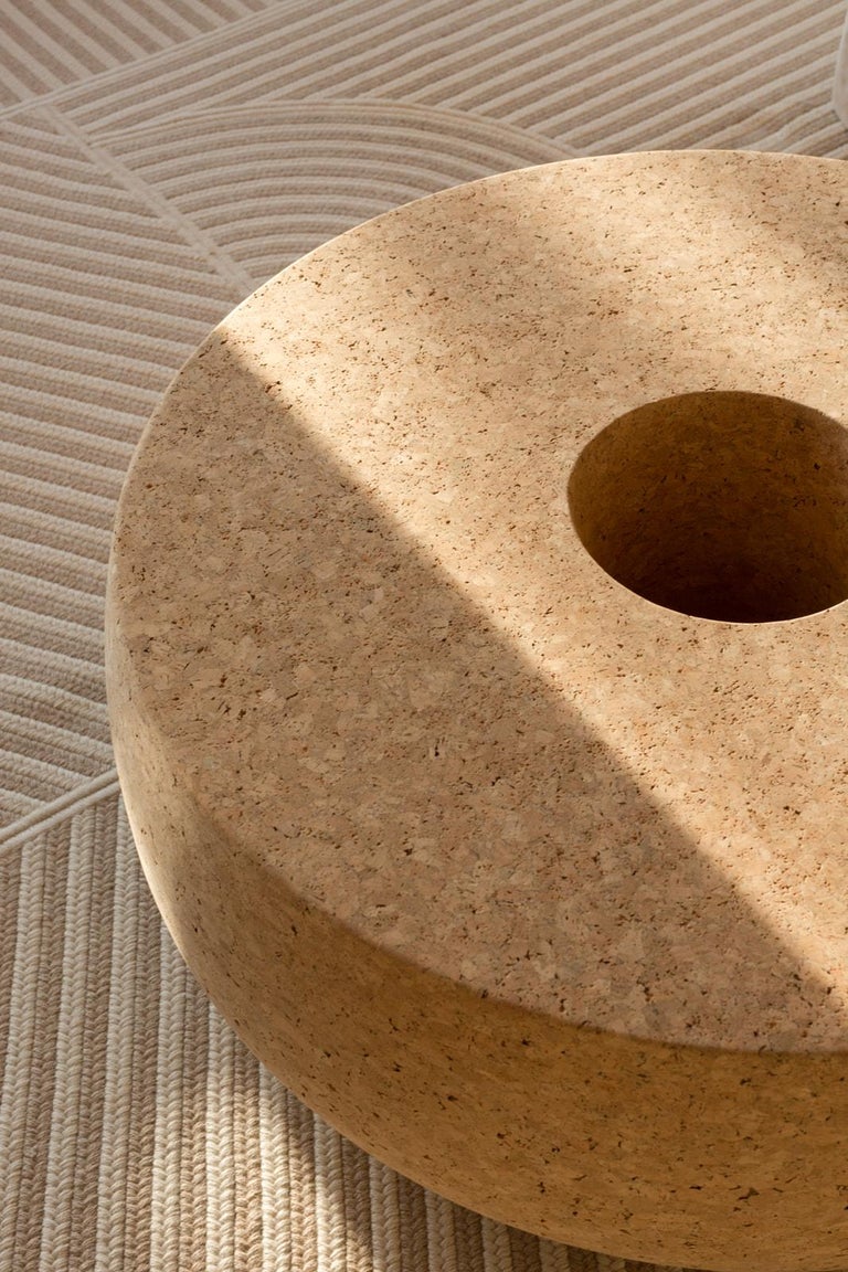 Modern Doughnut Solid Cork Contemporary Sculptural Carved Coffee Table Bench Natural For Sale
