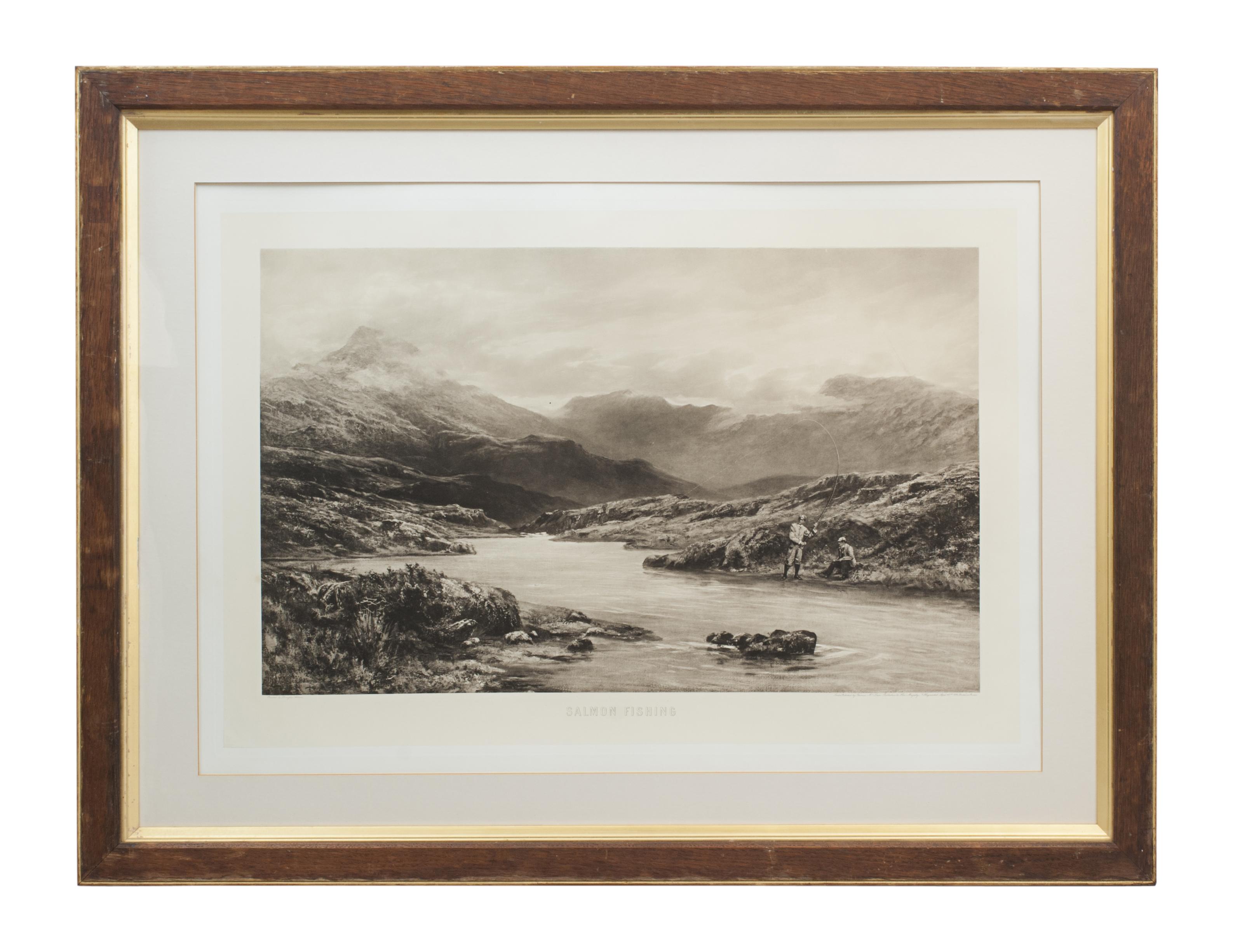 Salmon Fishing by Douglas Adams.
A large atmospheric highlands fishing photogravure taken from the original painting by Douglas Adams. The angling picture is known as 'Salmon Fishing' and was published April 22nd in 1892 and shows two fishermen in