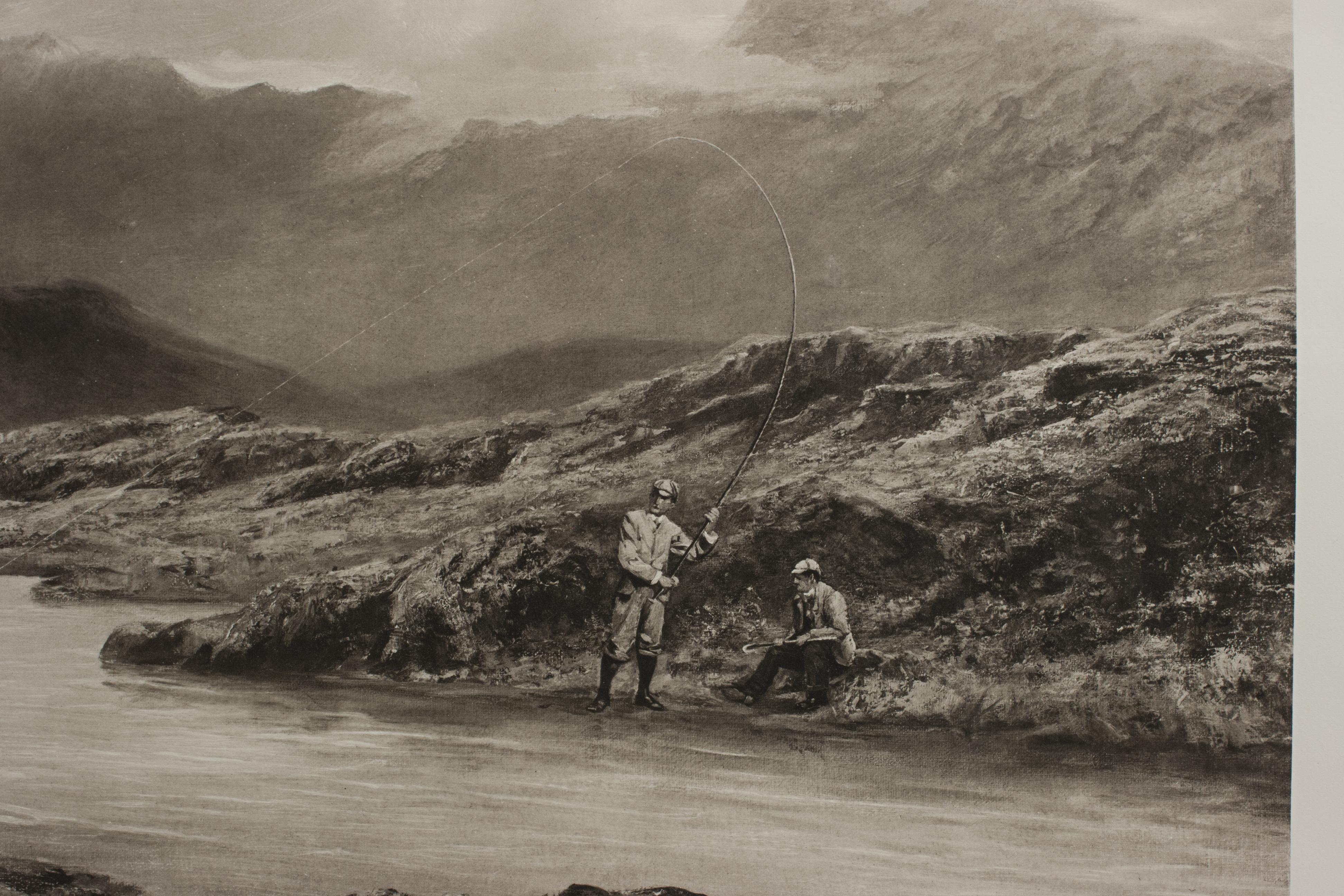 Late 19th Century Douglas Adams Salmon Fishing Photogravure, Sporting Art. For Sale