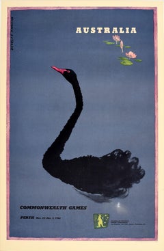 Original Vintage Poster Commonwealth Games Perth Australia Black Swan Art Sport