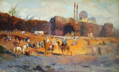 Alle porte della città, dipinto a olio orientalista firmato dell'inizio del XX secolo