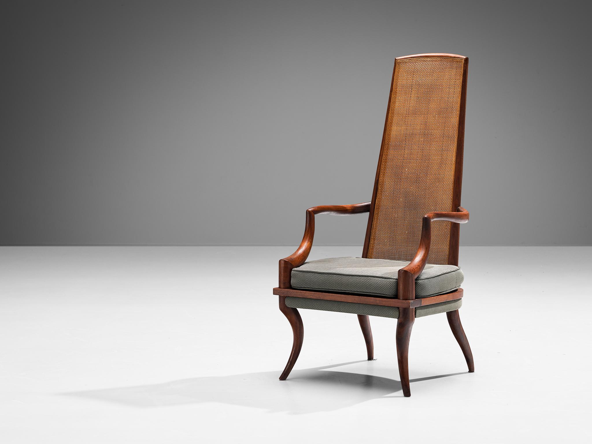 Douglas Brown for Grand Ledge Chair Company, highback chair, teak, cane, reupholstered fabric, United States, 1950s.

Very elegant high back chair designed by Douglas Brown for Grand Ledge Chair Company in the 1950s. This throne chair features a