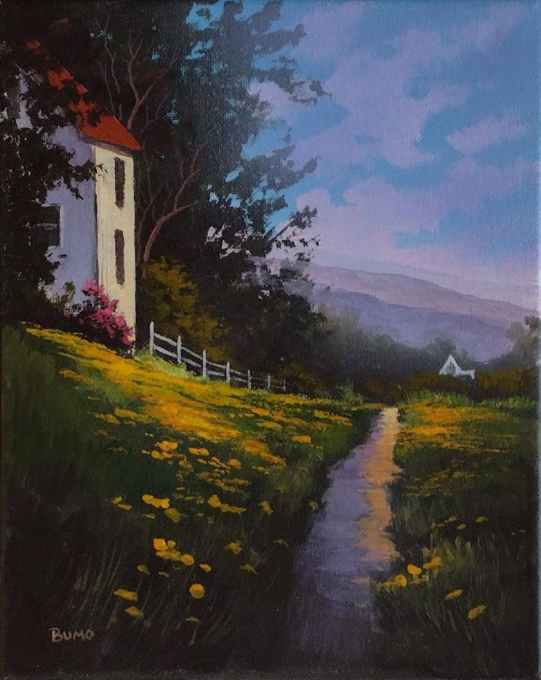 Front Path - Original acrylic on canvas landscape with house in the country - Painting by Douglas 