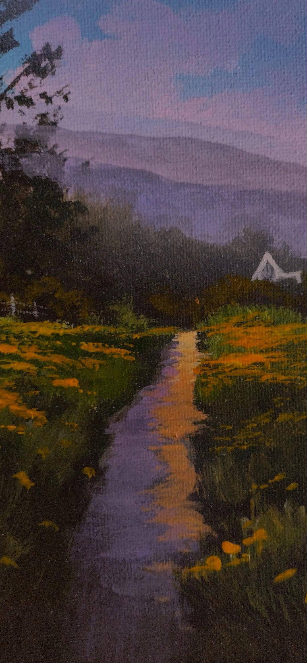 Path avant - Paysage original à l'acrylique sur toile avec maison dans le pays - Réalisme américain Painting par Douglas 