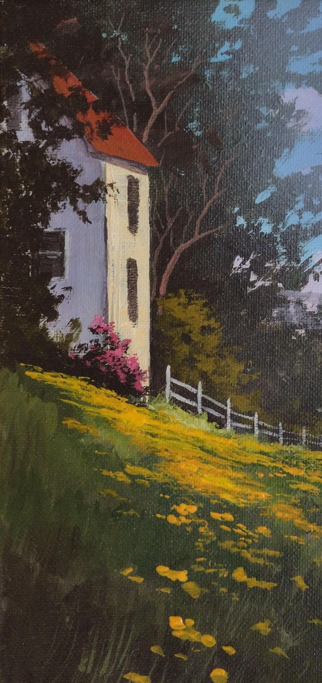 Path avant - Paysage original à l'acrylique sur toile avec maison dans le pays - Noir Landscape Painting par Douglas 
