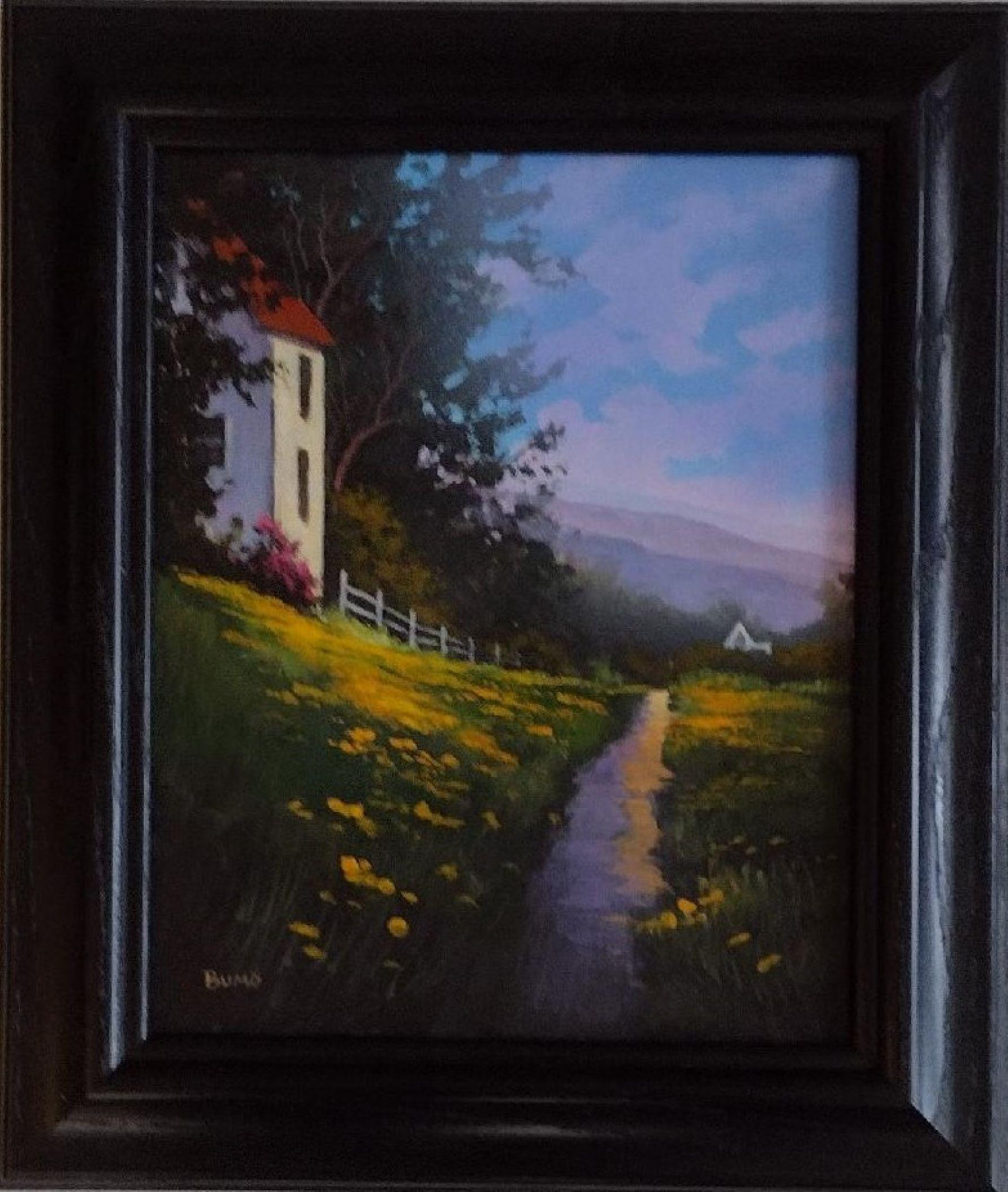 Landscape Painting Douglas "Bumo" Johnpeer - Path avant - Paysage original à l'acrylique sur toile avec maison dans le pays