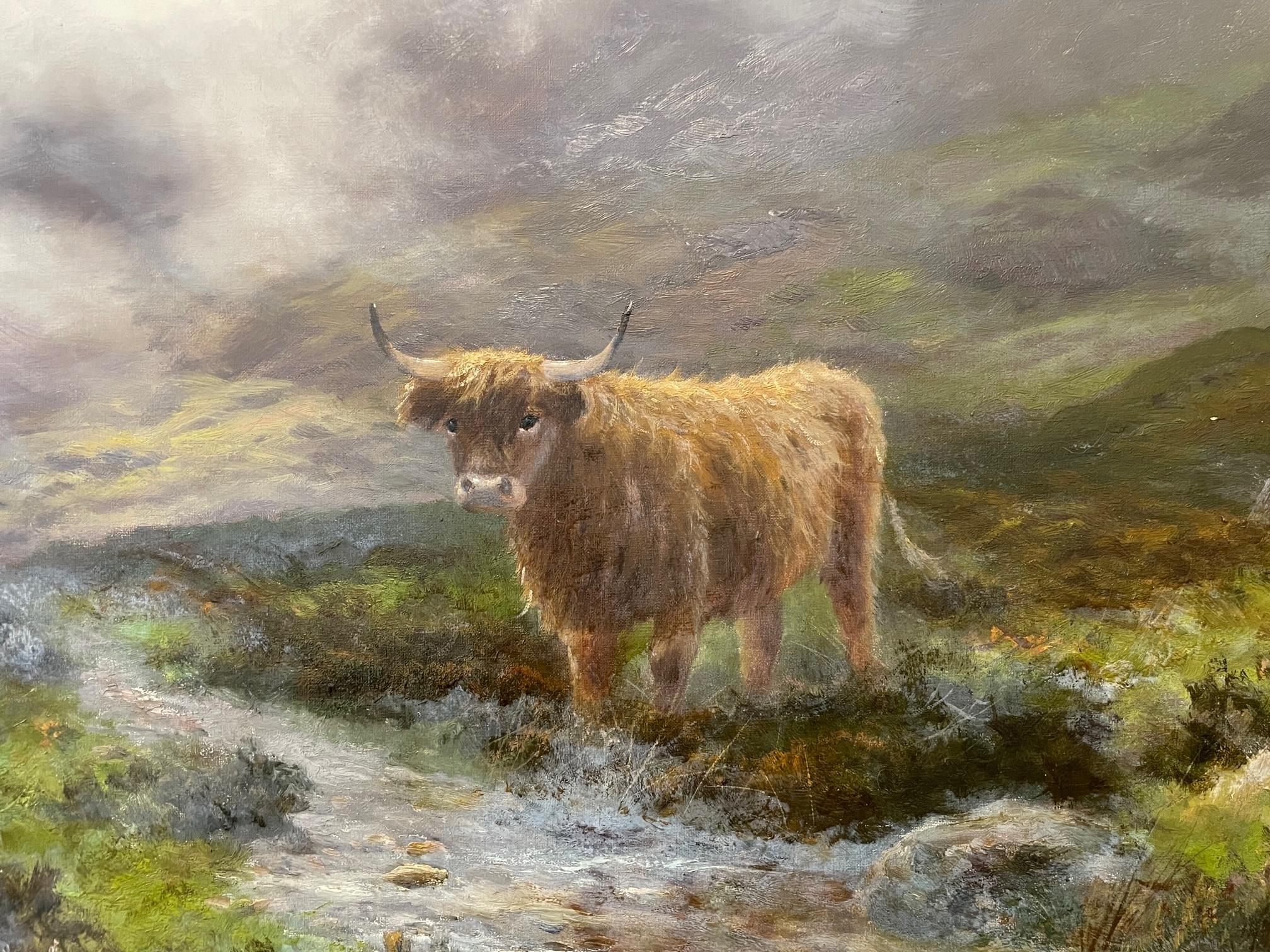 Ce vaste paysage des Highlands, de la taille d'une exposition, est l'œuvre de l'artiste écossais de l'époque victorienne Douglas Cameron. Il s'agit d'une peinture impressionnante où le bétail est réaliste et où les montagnes et les nuages sont