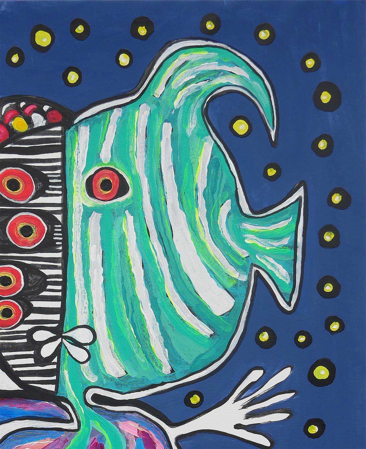 Blaue und blaugrüne abstrakte zeitgenössische Fischmalerei (Zeitgenössisch), Painting, von Douglas David
