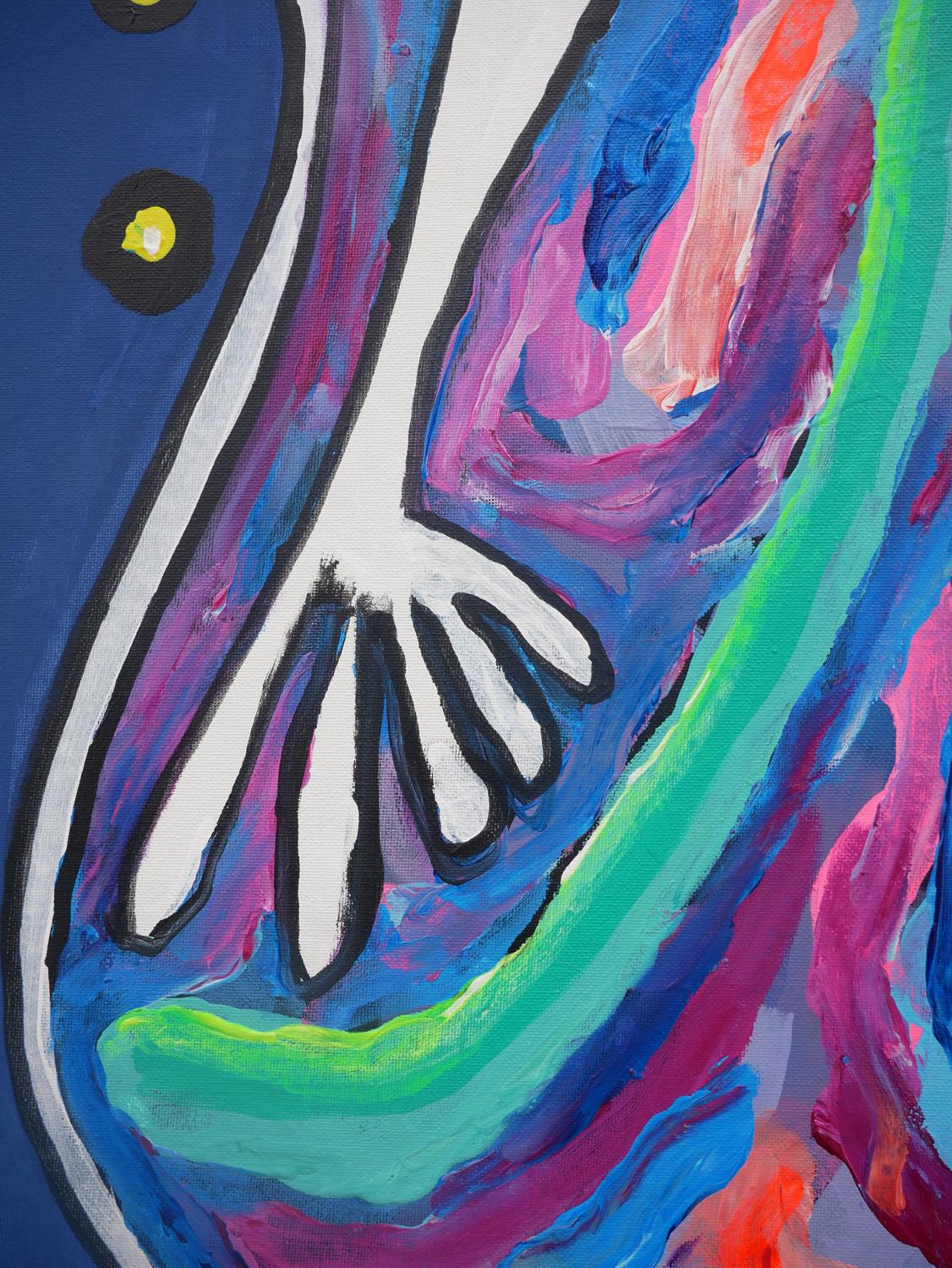 Peinture de poisson abstraite contemporaine bleue et sarcelle en vente 5