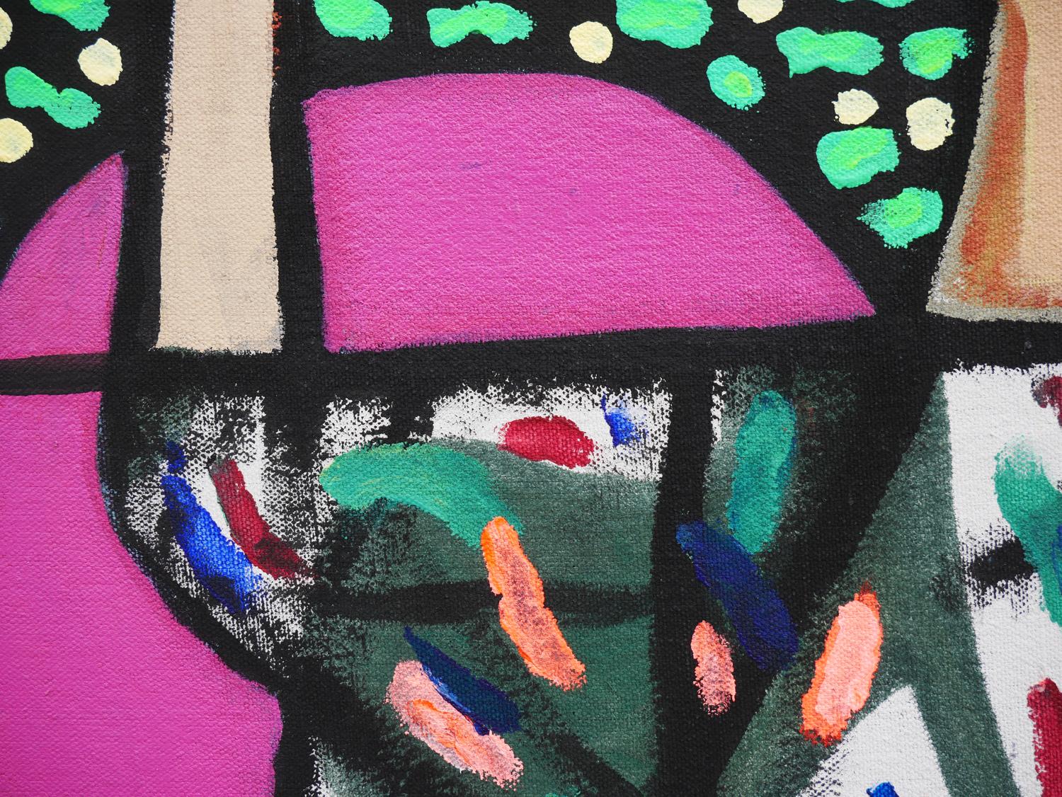 „Praise of Humanity“ Blaues, rosafarbenes, gelbes und grünes geometrisches figuratives Gemälde im Angebot 6