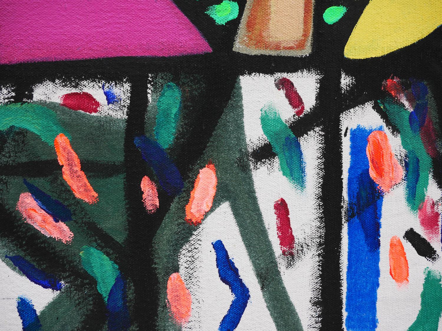 „Praise of Humanity“ Blaues, rosafarbenes, gelbes und grünes geometrisches figuratives Gemälde im Angebot 7