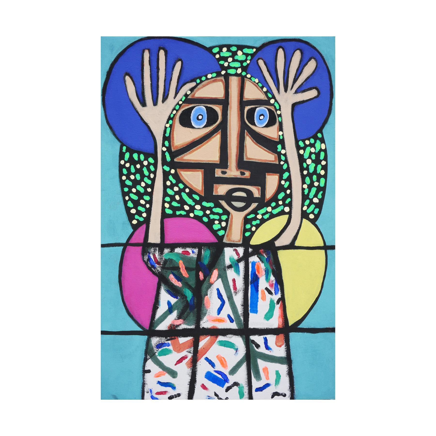 „Praise of Humanity“ Blaues, rosafarbenes, gelbes und grünes geometrisches figuratives Gemälde – Painting von Douglas David
