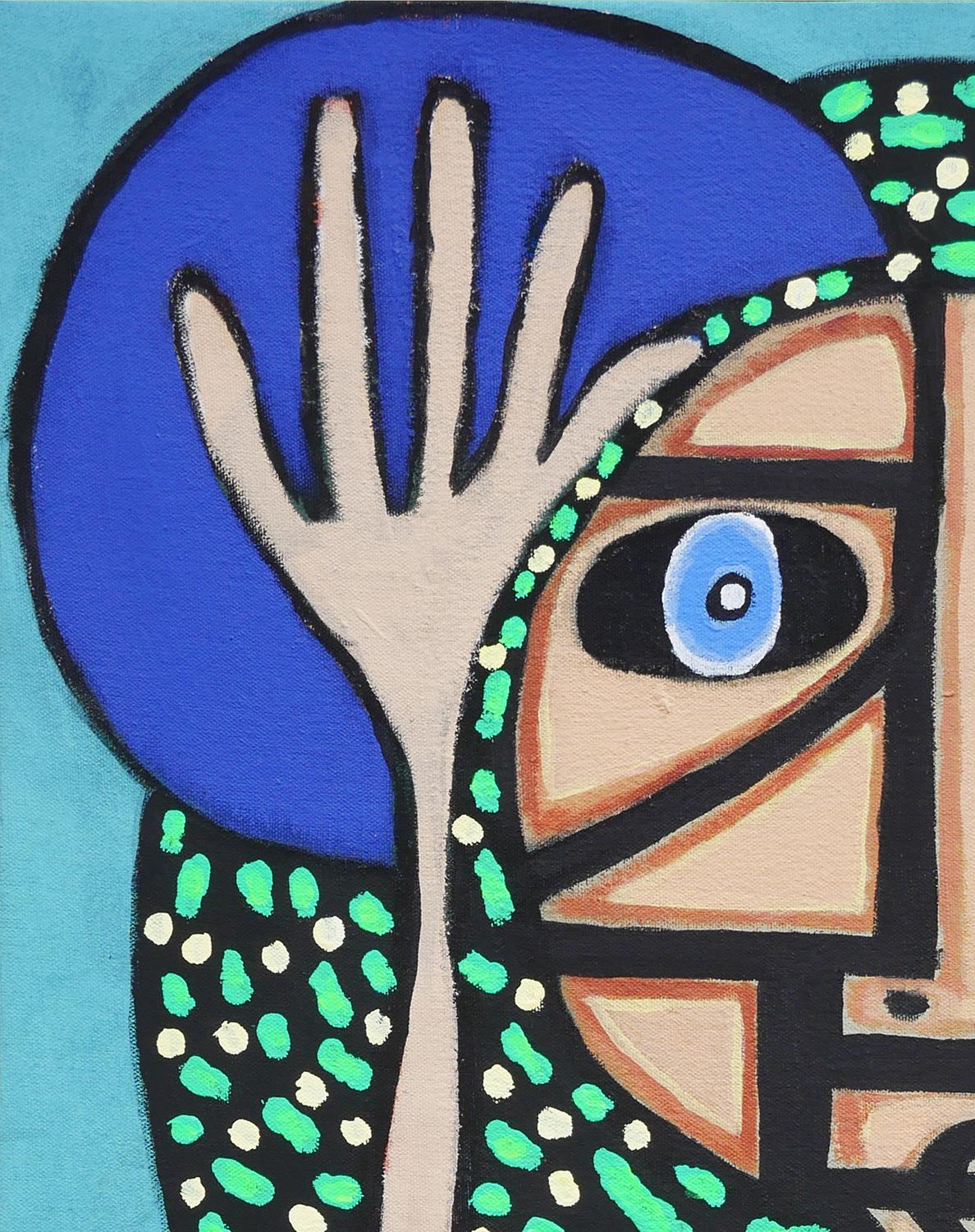 „Praise of Humanity“ Blaues, rosafarbenes, gelbes und grünes geometrisches figuratives Gemälde (Zeitgenössisch), Painting, von Douglas David