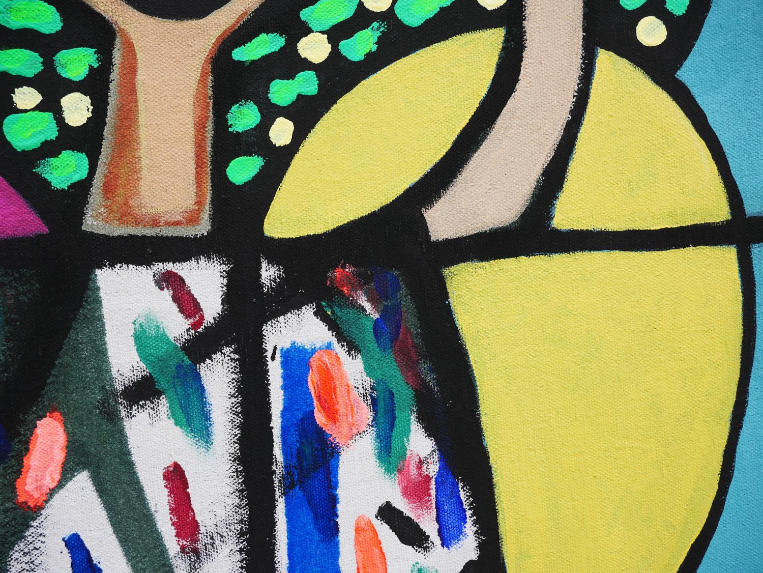„Praise of Humanity“ Blaues, rosafarbenes, gelbes und grünes geometrisches figuratives Gemälde im Angebot 4
