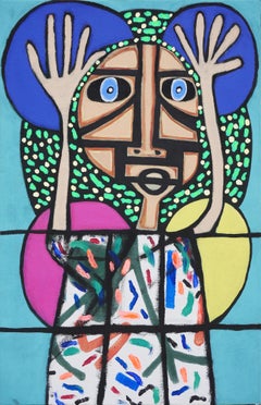 "Praise of Humanity" Blue, Pink, Yellow, and Green Geometric Figurative Painting