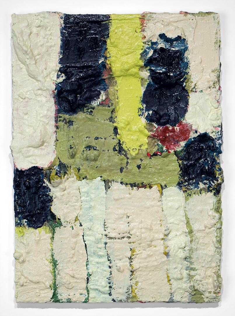 UNTITLED - Pittura astratta, blocco di colori blu, bianco, giallo e verde