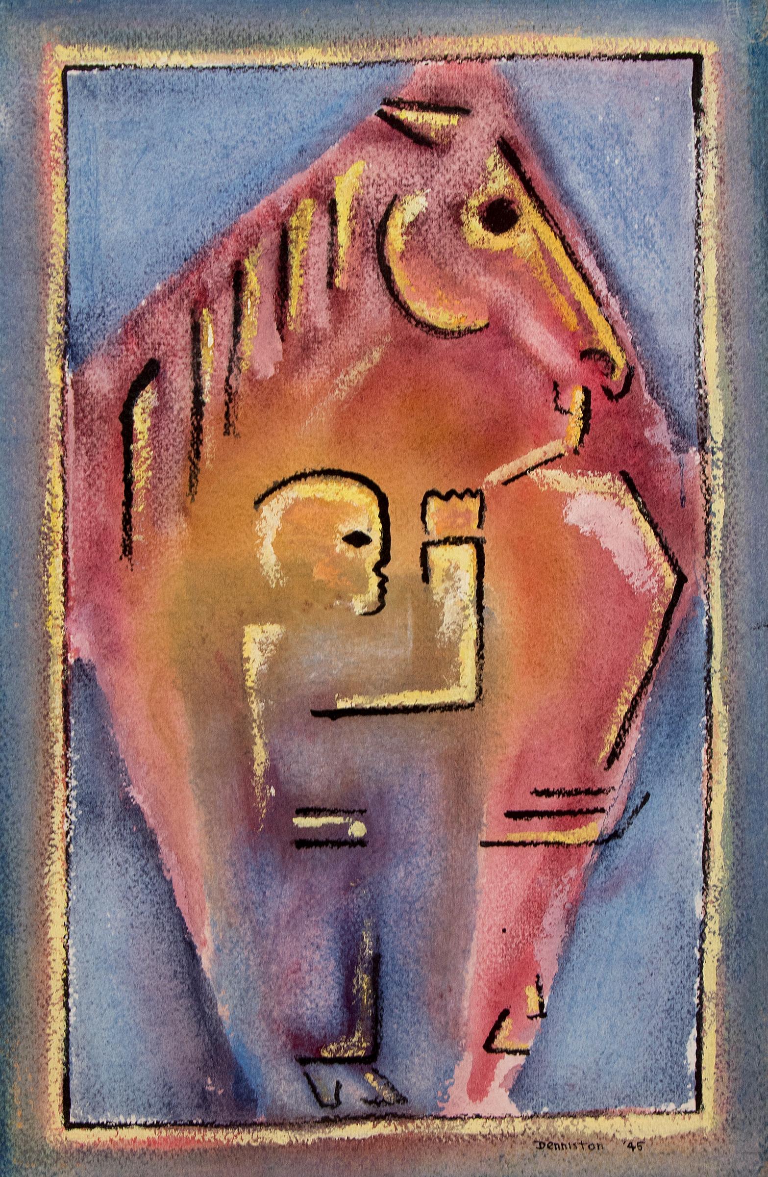 Horse and Boy, aquarelle figurative moderniste abstraite en rose, bleu et jaune - Painting de Douglas Denniston