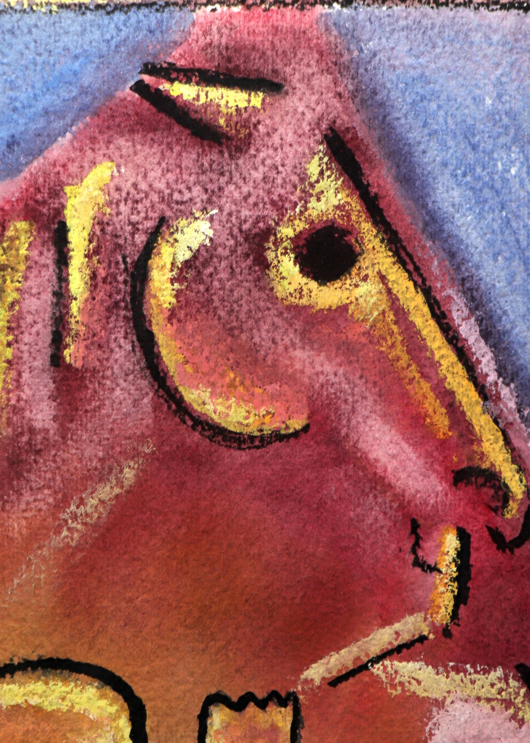 Horse and Boy, aquarelle figurative moderniste abstraite en rose, bleu et jaune en vente 1