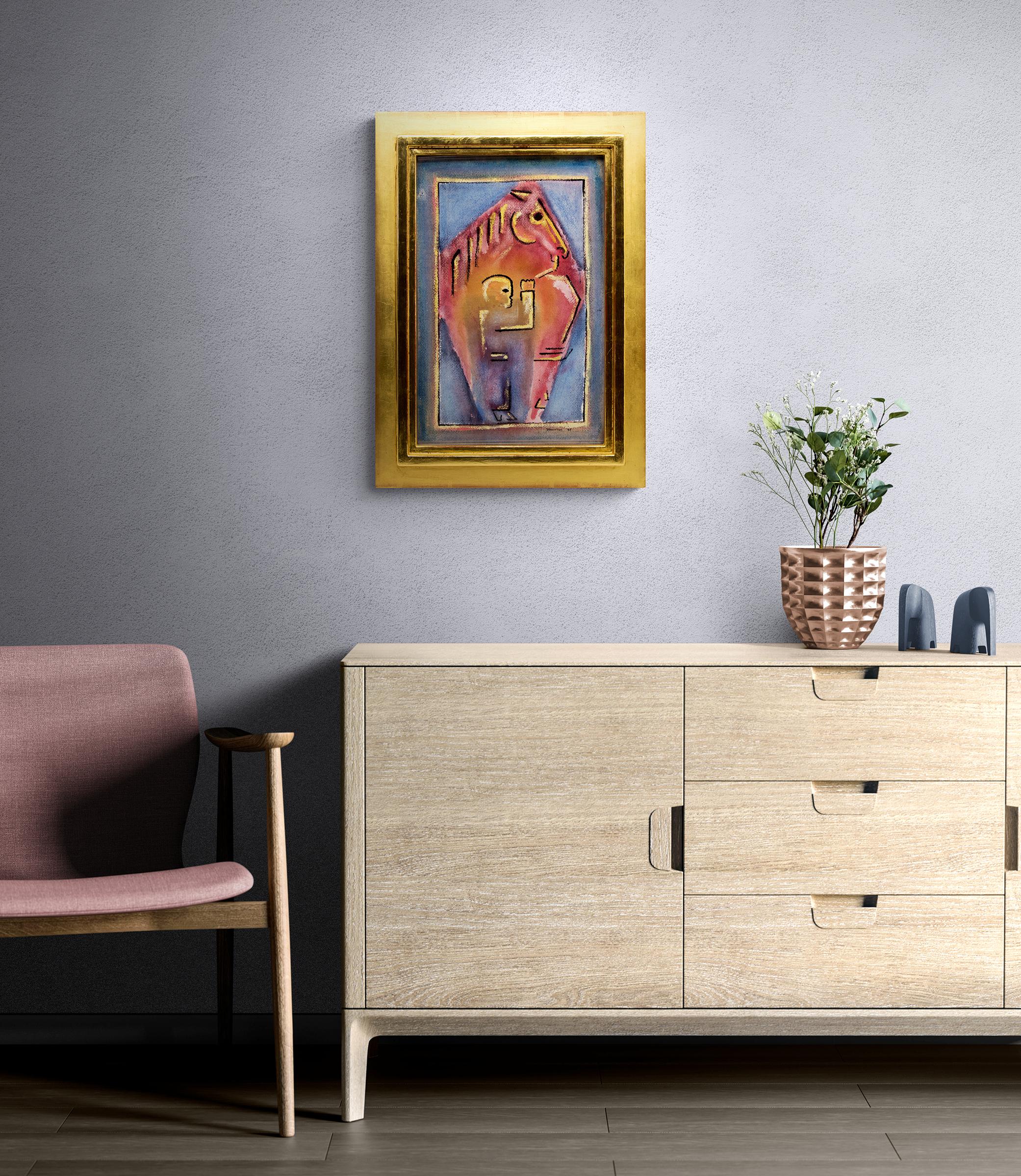 Horse and Boy, aquarelle figurative moderniste abstraite en rose, bleu et jaune en vente 2