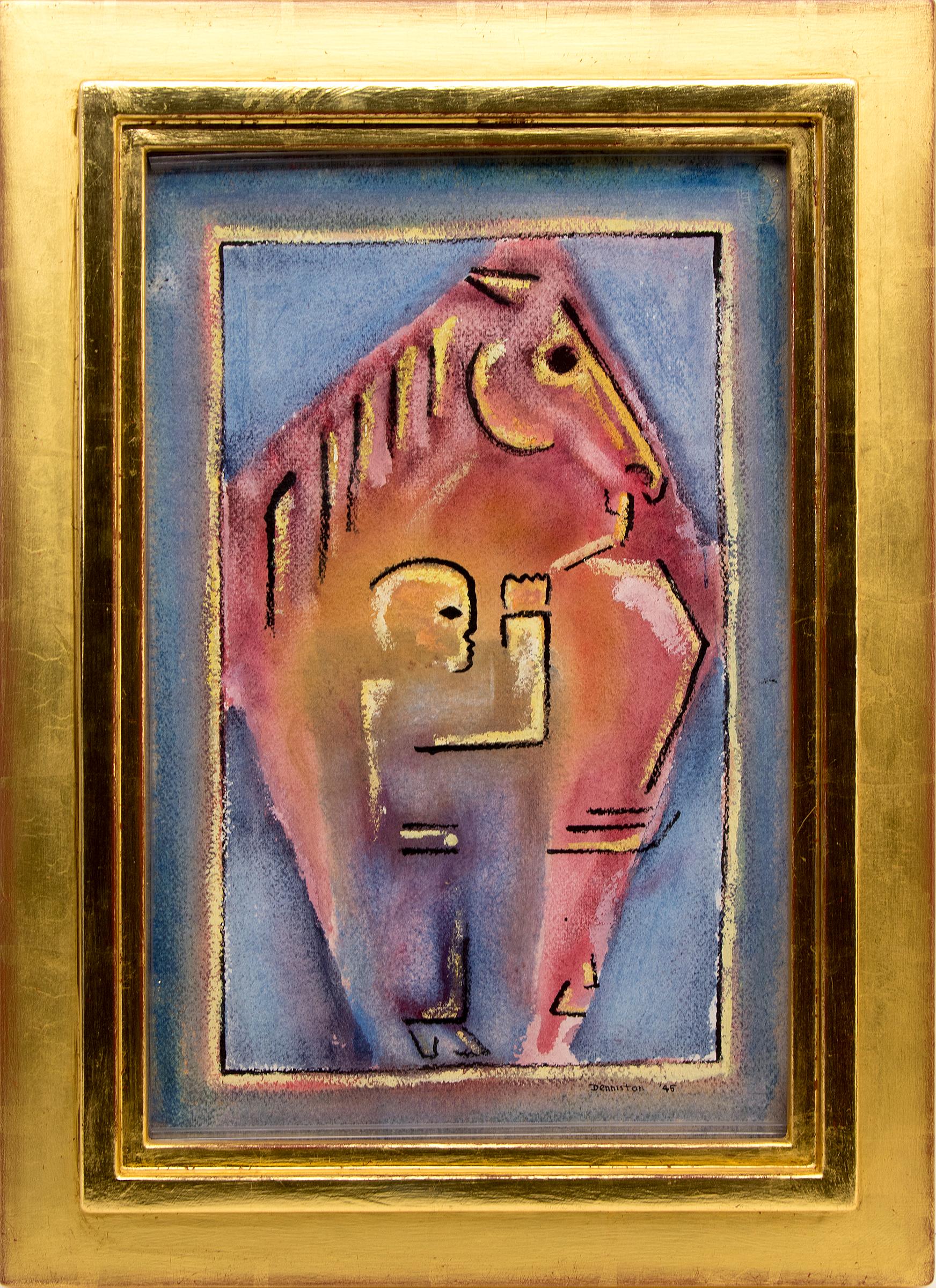 Douglas Denniston - Horse and Boy, Modernist Abstracted Figural Watercolor  in Pink, Blue, and Yellow For Sale at 1stDibs