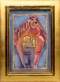 Horse and Boy, Modernist Abstracted Figural Watercolor in Pink, Blue, and Yellow