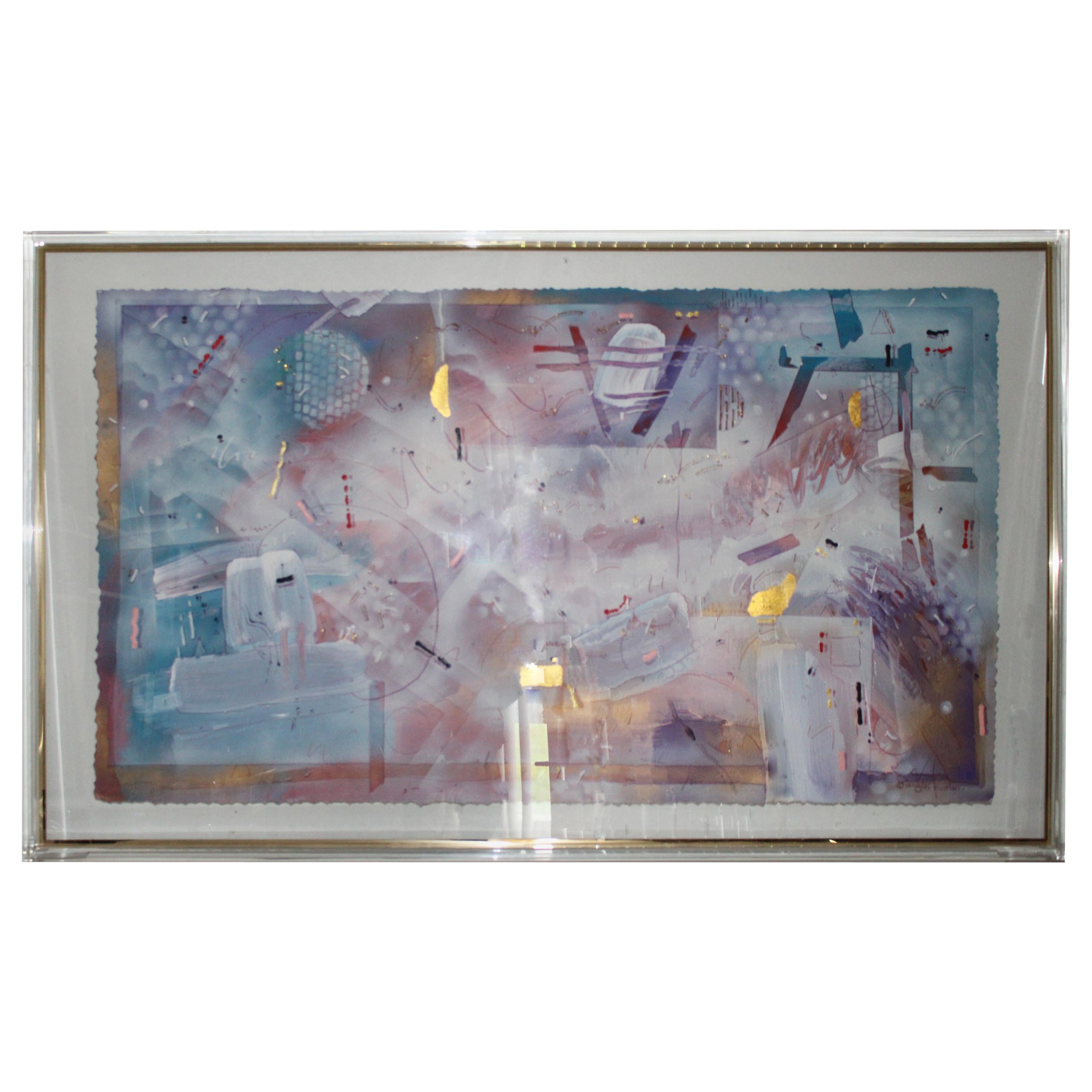 Douglas Eisman Painting Framed in Incredible Thick Lucite + Gold Trimmed Frame For Sale
