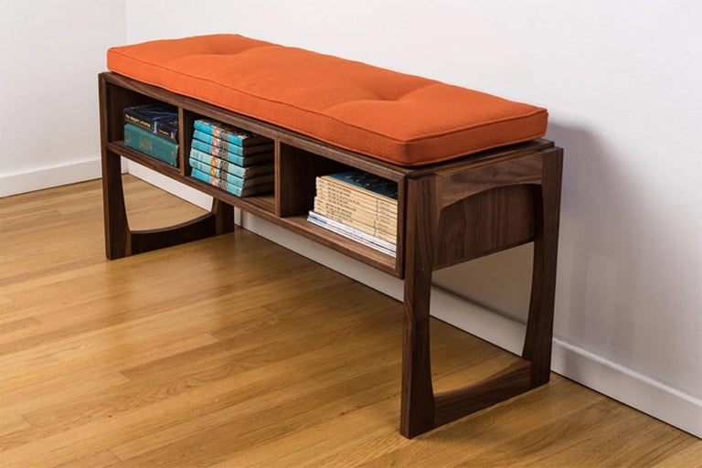 Douglas Entry Bench Upholstered Cushion Walnut MidCentury Modern Shoe Storage For Sale at 1stDibs