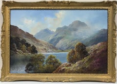 Raffinato dipinto a olio delle Highlands scozzesi, maestosa scena di un lago delle Highlands, olio firmato