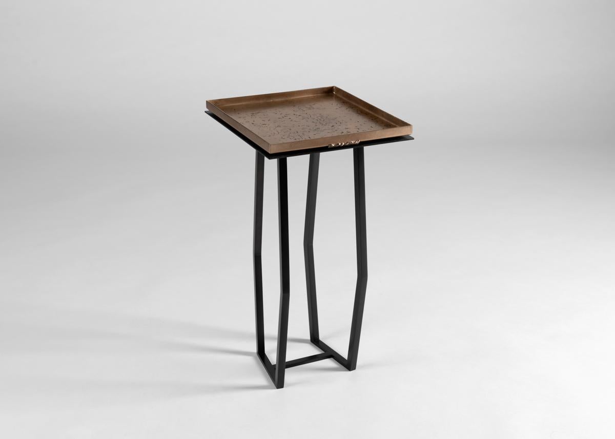 Blackened Douglas Fanning, Pair of Square Topped Bronze & Steel Cocktail Tables, US, 2021 For Sale
