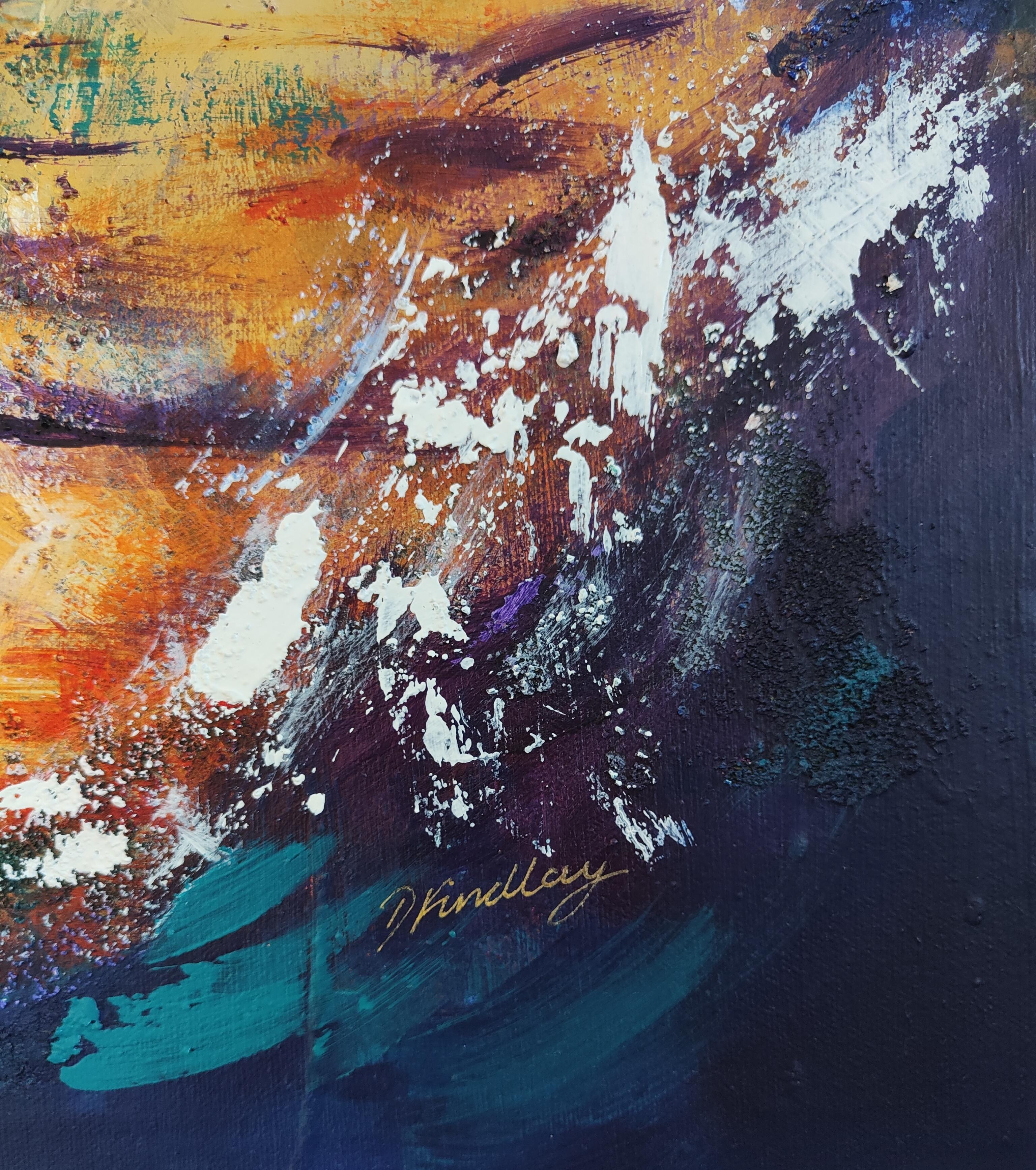 Il mio dipinto intitolato Stormy Water è un acrilico su tela. Si tratta di un dipinto molto strutturato con fondi di caffè mescolati ad alcuni colori, soprattutto in primo piano. C'è un accenno di colline sulla linea dell'orizzonte, ma sono state
