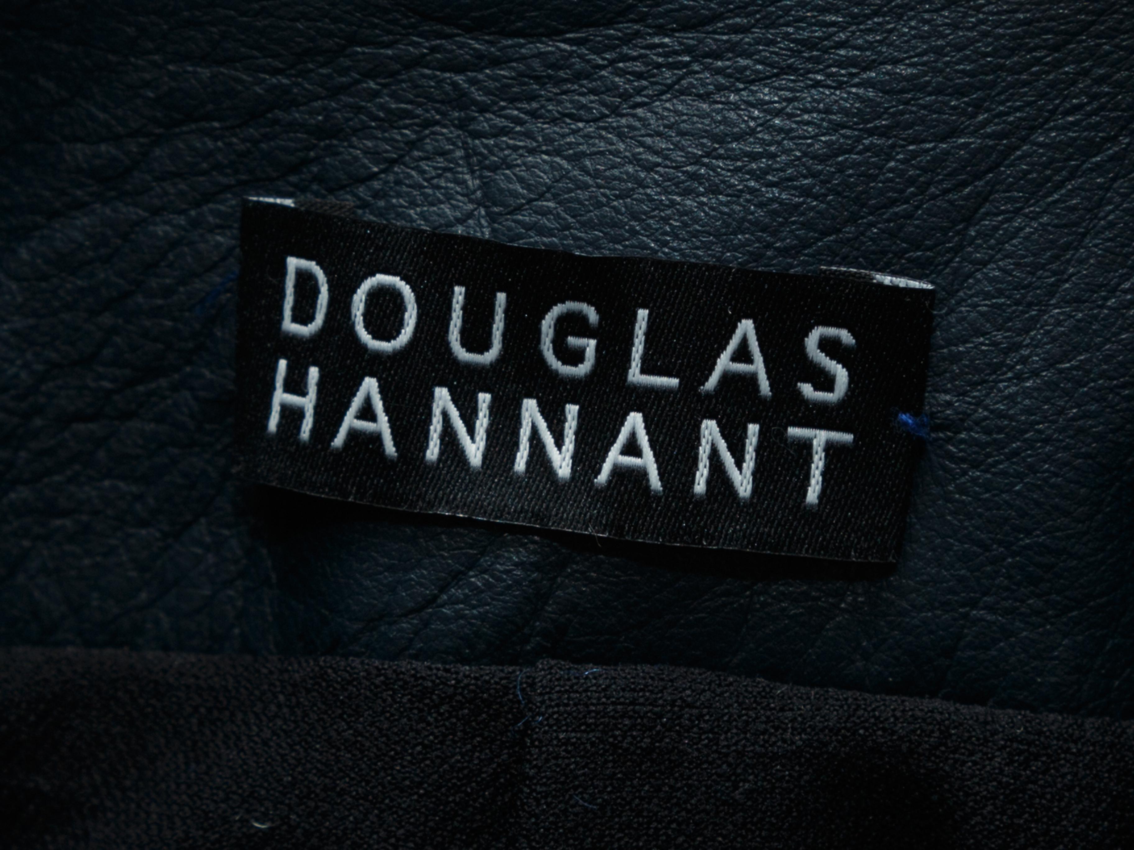 Product details: Blue and black dress and jacket set by Douglas Hannant. From the Fall/Winter 2014 Collection. Boat neck. Dress features leather accent panels and zip closure at back. Jacket features notch collar and leather trim. Jacket- 30
