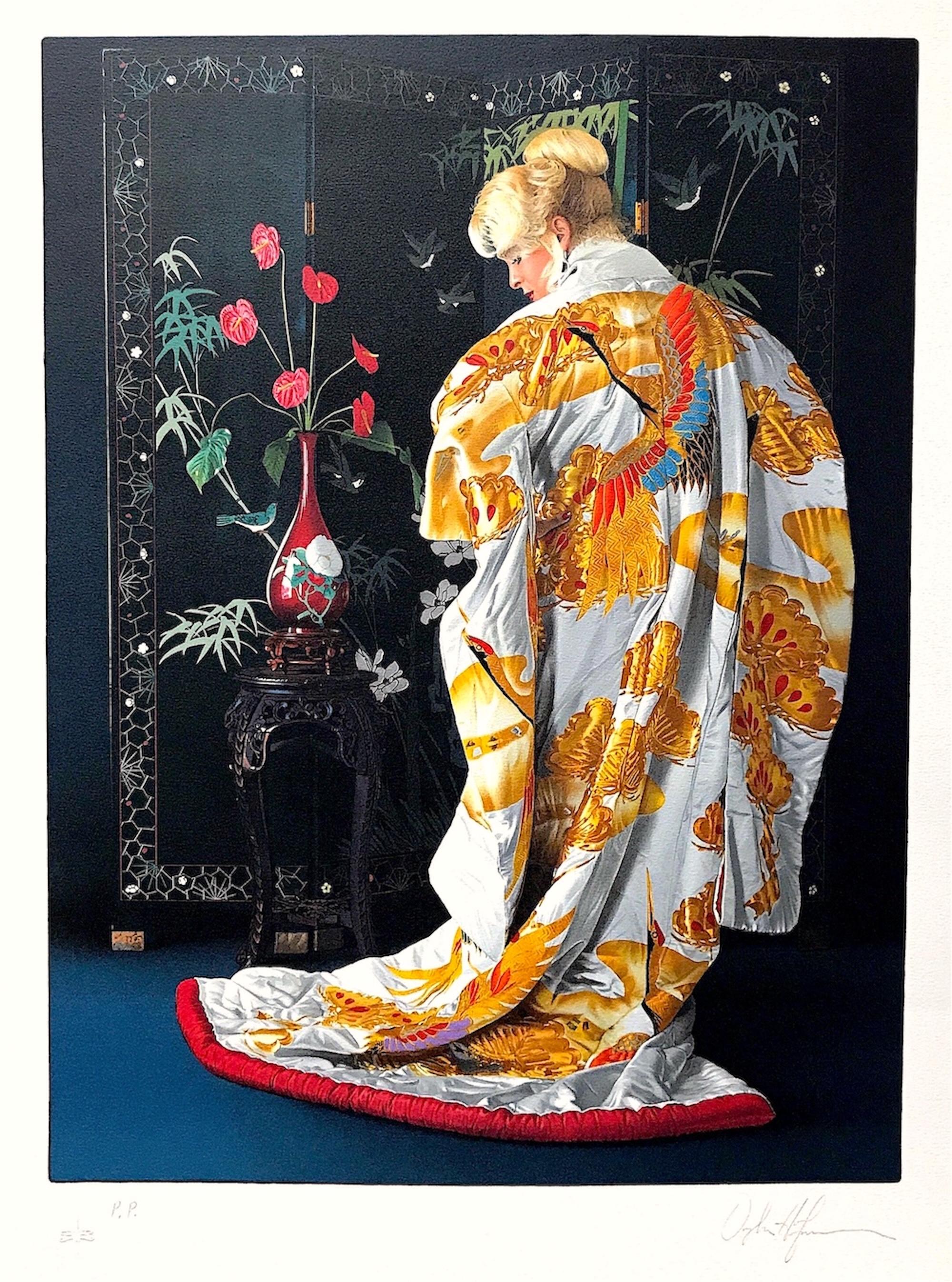 JAPANISCHER KIMONO Signierte Lithographie, Frau Kimono Goldkraniche Lackschirm