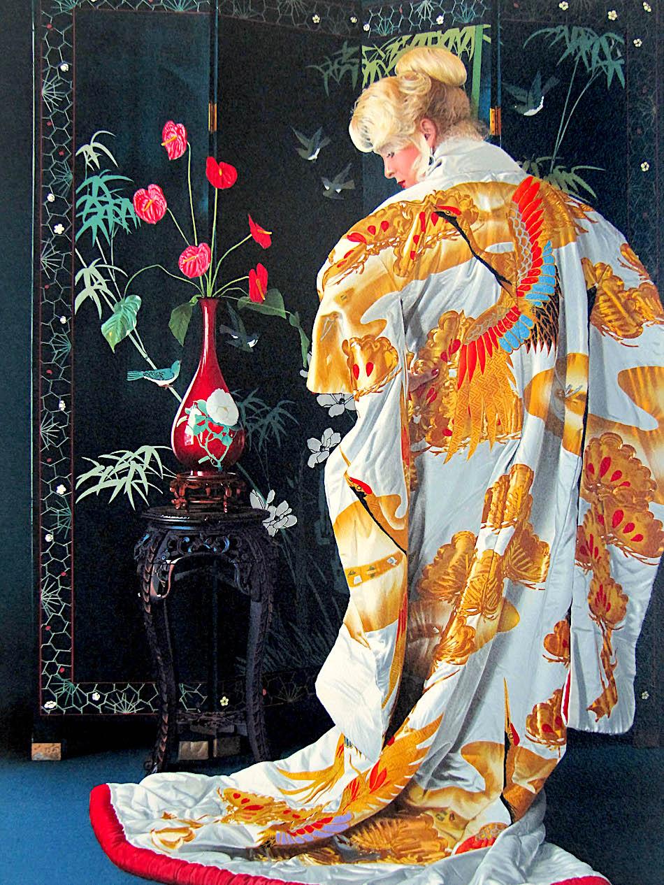 JAPANESE KIMONO Signed Lithograph, Blonde Woman White Silk Kimono Gold Cranes - Print by Douglas Hofmann