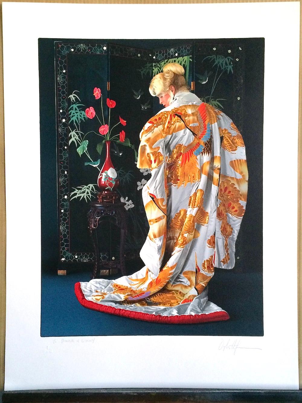 JAPANESE KIMONO Signed Lithograph, Blonde Woman White Silk Kimono Gold Cranes - Photorealist Print by Douglas Hofmann