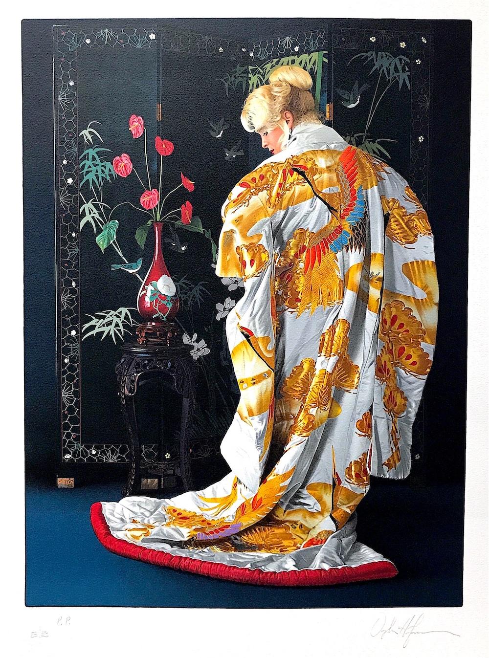 Douglas Hofmann Interior Print – Signierte Lithographie JAPANESE KIMONO, Blonde Frau Weißer Seidenkimono Gold Kraniche, JAPANESE