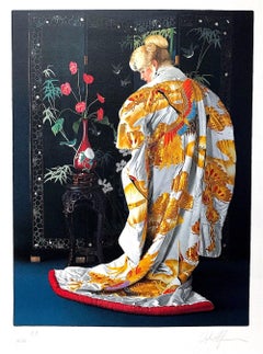 JAPANESE KIMONO Signed Lithograph, Blonde Woman White Silk Kimono Gold Cranes