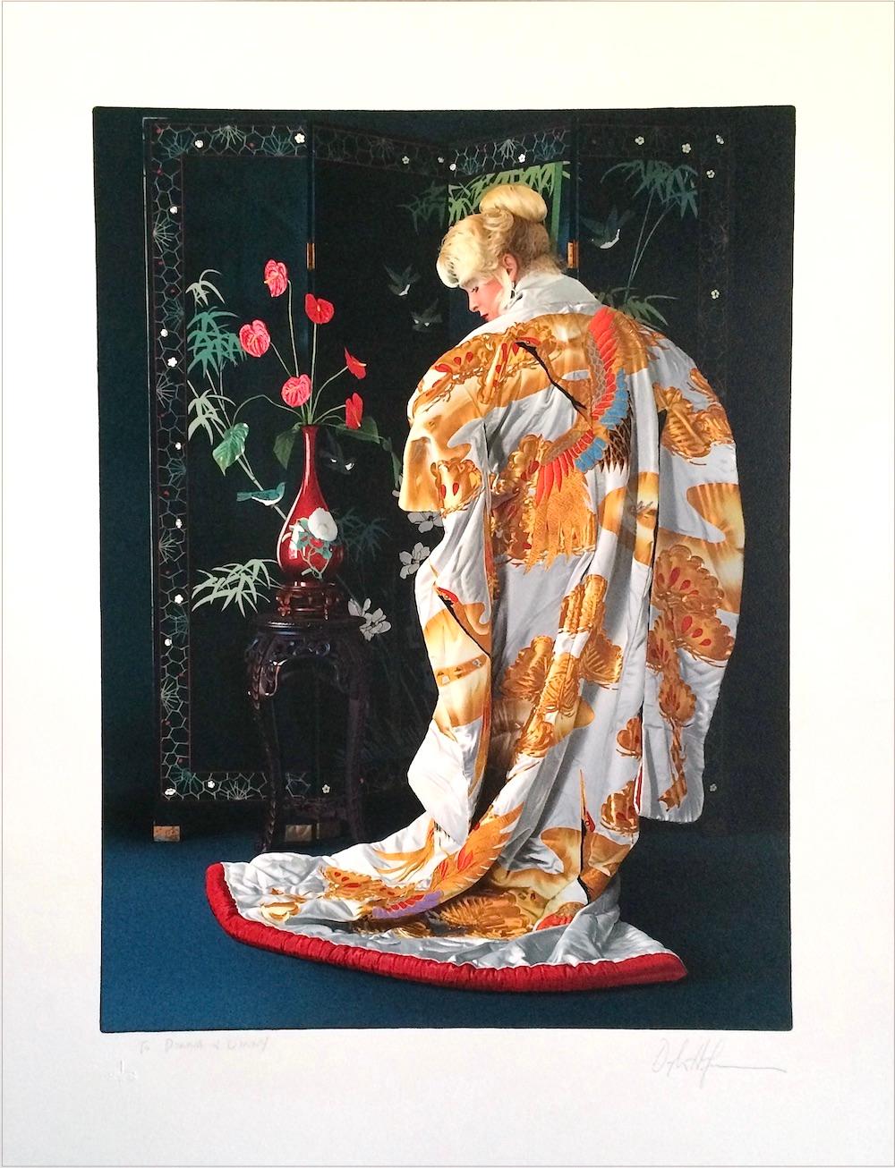 Lithographie japonaise Kimono signée, femme blonde en soie blanche avec grues dorées