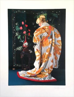 JAPANESE KIMONO Signed Lithograph, Blonde Woman White Silk Kimono Gold Cranes