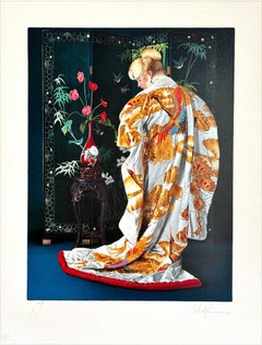 Japanese Kimono Signed Lithograph, Photorealist, 1990, Gold Cranes